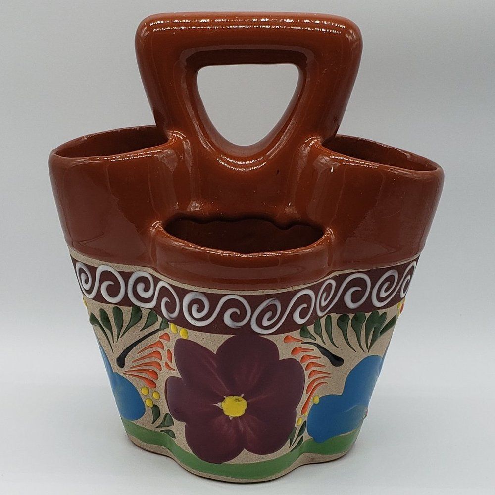 Mexican Talavera Hand Painted  Colourful Floral Art Pottery Utensil Holder